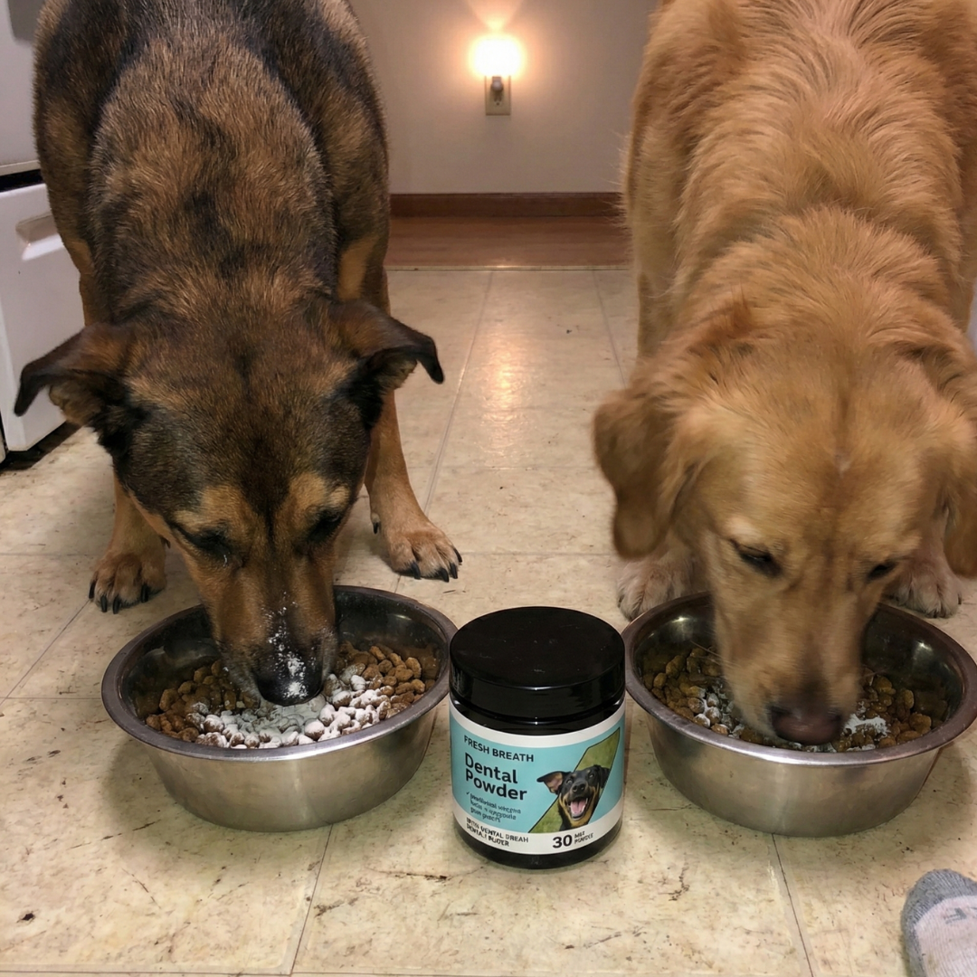 Two dogs eating with PupSmile jar